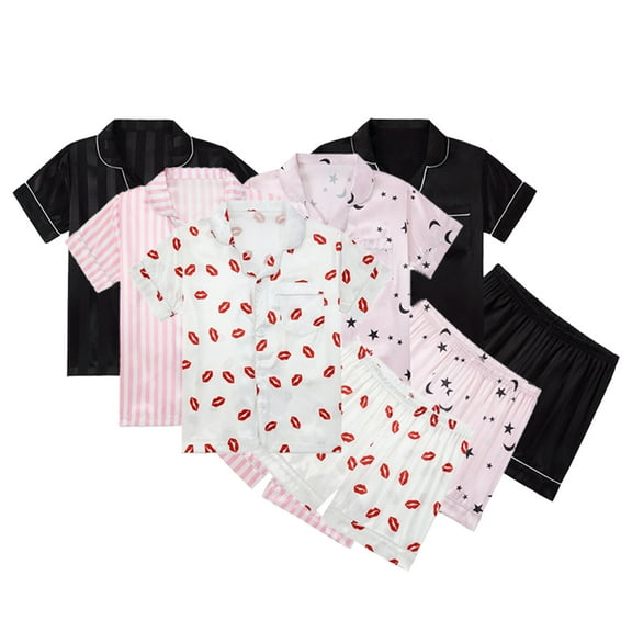 YTDSCS 2Pcs Youth Kids Satin Short Sleeve Pajamas Pj Sleepwear Loungewear Set for Boys Girls,5-14Y Big Little Boys Girls Summer Buttons Lounge Sleep Set Printed Girls Boys Jammies Set