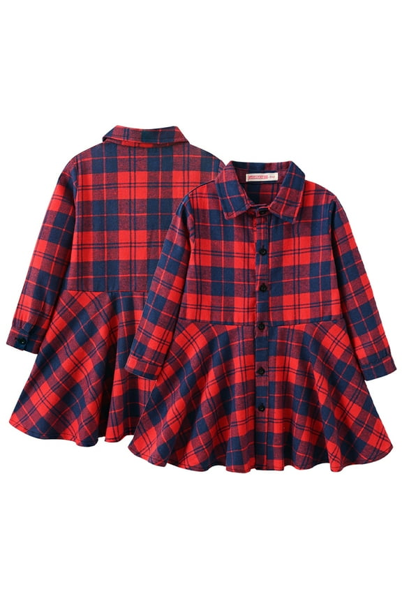 3-11 Years Girls Plaid Dress Toddler Button Shirt Dress Teen Kids Long Sleeve Casual Dress for Size 3-11T