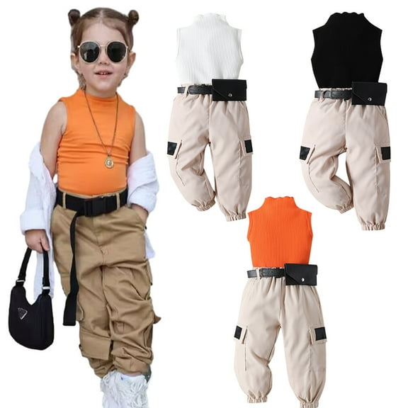 YTDSCS 3PCS Toddler Baby Girls Boys Summer Outfits Sleeveless Solid Colour Vest Tops   Cargopants   Belt Set Sizes 12 Months-5 Years