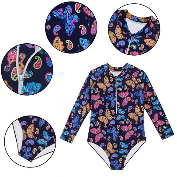 YTDSCS 4-12T Girls Long Sleeve Swimsuit One Piece Swimming Suit for Kids Toddler Printing Swimwear Baby Sport Beach Bathing Suits Swimwear with Zipper