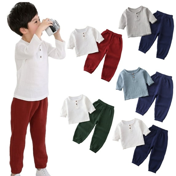 YTDSCS Boys Girls Cotton Linen T-Shirt Tops + Pants Set Baby Long-Sleeved Solid Color Pullover Shirts Outfit 2PCS for Kids Toddler 6M-6Y