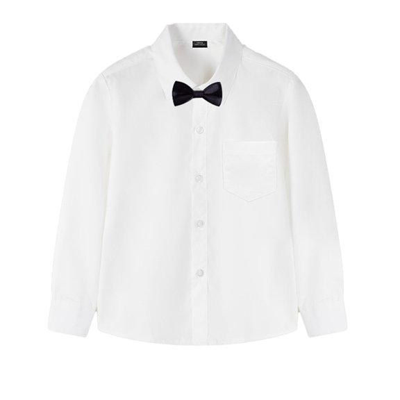 YTDSCS Boys Long Sleeve White Dress Shirts with Bowtie for Kids Baby Button down Uniform Shirt Boys White Cotton Perform Dress Shirt Spring Fall Cardigan Tops for Teenagers Size 3-16