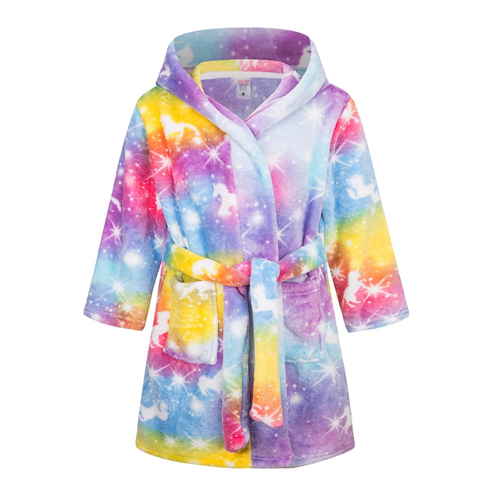 Fall Winter Kids Flannel Robes Girls Boys Soft Hooded Bathrobes for Toddler Baby Warm Cartoon Unisex Sleepwear with Belt Size 2-13T