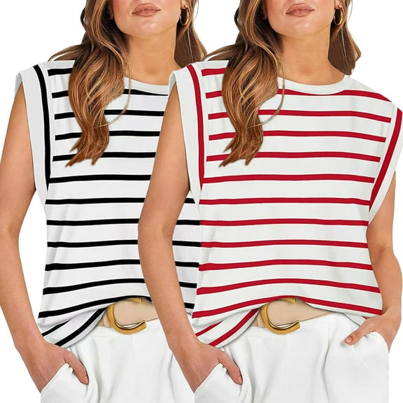 YTDSCS Female Wide Striped Top Tees Crewneck Fashion Crew Neck T-Shirt Slim-Fit Sleeveless Tank Tees for S-2xl
