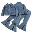thumbnail image 1 of YTDSCS Girls Denim 2-Piece Outfit for Toddler Kids Spring Autumn Long Sleeve Button down Denim Jacket and Jeans Flared Trousers Set Clothes 3T-8T, 1 of 9