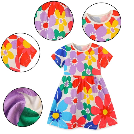 YTDSCS Girls Floral Swing Dresses for Kids Toddlers Knitted Cotton Party Dress Summer Short Sleeve Princess Dress for 2-7 Years