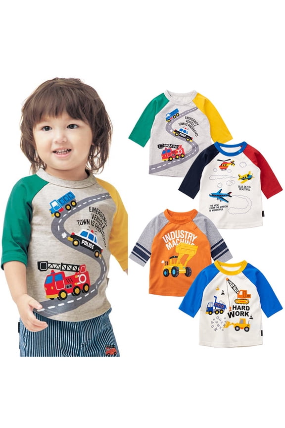 Kids Baby Boys Summer Car Pattern T-Shirt 2-8 Years Seven-Minute Sleeve Tops Cotton Cartoon Tees for Toddler
