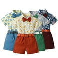 thumbnail image 1 of YTDSCS Kids Baby Boys Summer Clothes 4PCS Set Floral Print Short Sleeve Cardigan Shirt with Bowtie + Shorts + Belt Gentleman Outfits 9 Months-6 Years, 1 of 9