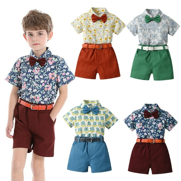 YTDSCS Kids Baby Boys Summer Clothes 4PCS Set Floral Print Short Sleeve Cardigan Shirt with Bowtie   Shorts   Belt Gentleman Outfits 9 Months-6 Years