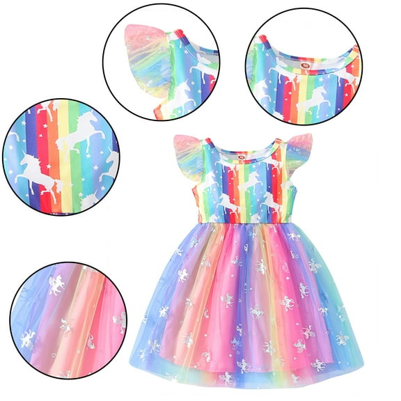 YTDSCS Kids Baby Girls Dresses Summer Short Sleeves Skirt 18M-6Years Little Girls Mesh Tulle Dress Casual Sport Rainbow Printing Toddler Tutu Dresses