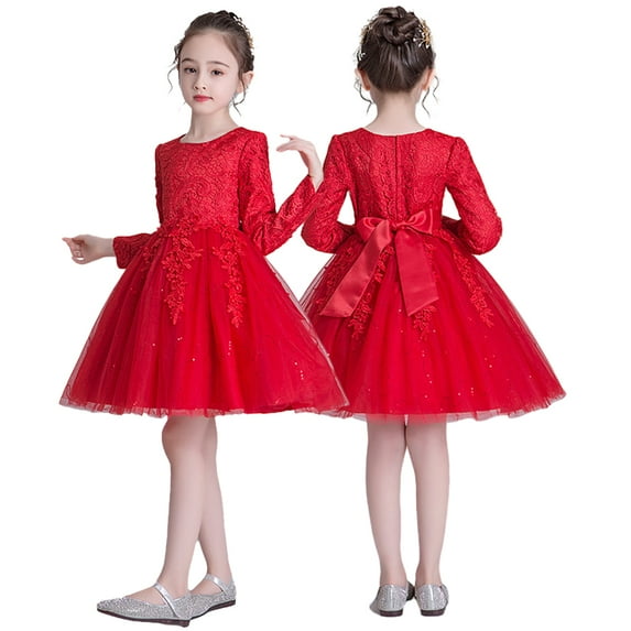 YTDSCS Kids Baby Girls Long Sleeve Dress Formal Wedding Dress Mother of the Bride Dresses Flower Girl Dress for 3-12T