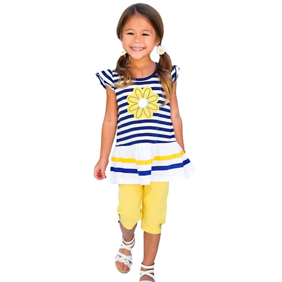 YTDSCS Kids Baby Girls Spring Summer Short Sleeves 2PCS Set Stripe Flying Sleeve T-Shirt Tops + Middle Pants Outfits 12M -7Y
