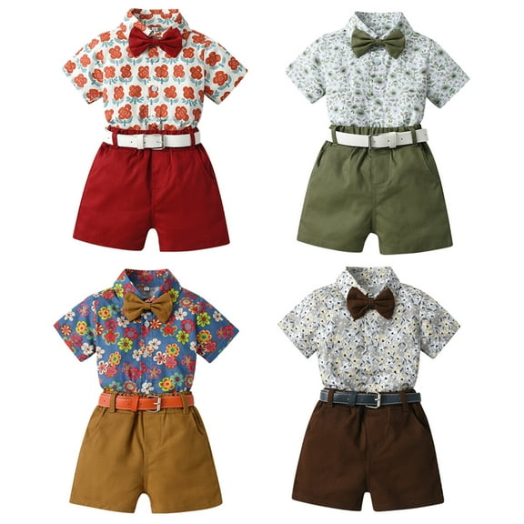 YTDSCS Kids Baby Short Sleeve Shirt Shorts Sets for Boys,Button Flower Print Shirt   Shorts Newborn Summer Fashion Clothing Set,Little Boys Hawaiian Outfit with Belt as a Gift for 9M-6Years