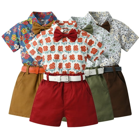 YTDSCS Kids Baby Short Sleeve Shirt Shorts Sets for Boys,Button Flower Print Shirt   Shorts Newborn Summer Fashion Clothing Set,Little Boys Hawaiian Outfit with Belt as a Gift for 9M-6Years