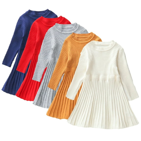 YTDSCS Kids Baby Spring Fall Sweater Dress for Girls,1-9T Toddler Knitted Long Sleeve A Line Princess Dresses Kids Little Solid Color Pullover Party Dress
