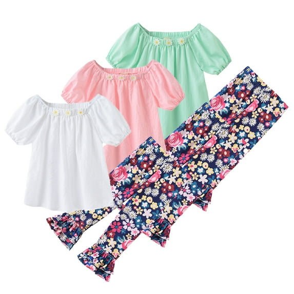 YTDSCS Kids Baby Summer T-Shirt Bell Bottoms Outfit for Girls,1-6Years Toddler Short Sleeve Tops+ Floral Flare Bell Bottoms 2Pcs Summer Clothes