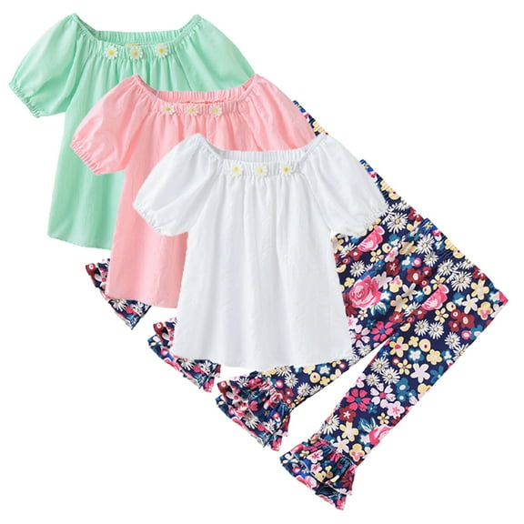 YTDSCS Kids Baby Summer T-Shirt Bell Bottoms Outfit for Girls,1-6Years Toddler Short Sleeve Tops+ Floral Flare Bell Bottoms 2Pcs Summer Clothes