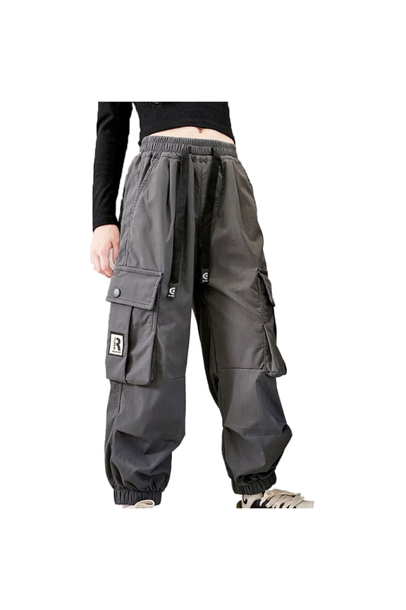 Kids Cargo Pants for Girls Elastic Waist Jogger Pants Drawstring Sweatpants Girls Spring Fall Casual Trousers with Multi Pockets for Toddler 5-11 Years