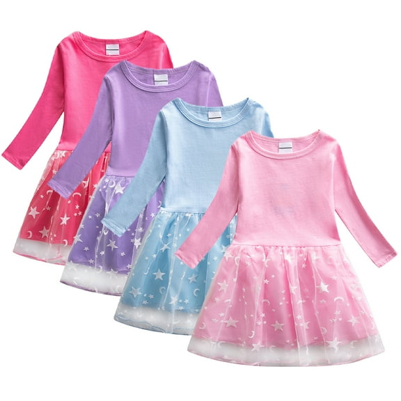 YTDSCS Kids Girls Spring Autumn Dresses for Toddler Mesh Splicing Long Sleeve Party Dress Baby Cotton Crewneck Casual Dress for Girls 1-9T