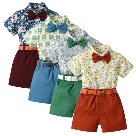 YTDSCS Kids Toddler Boys Summer Hawaii Beach Sets Short Sleeve Lapel down Button Flower Print Top short Pants Baby Infant Clothing Sets Two-Piece Set, With Belt as a Gift,Sizes 9M-6T