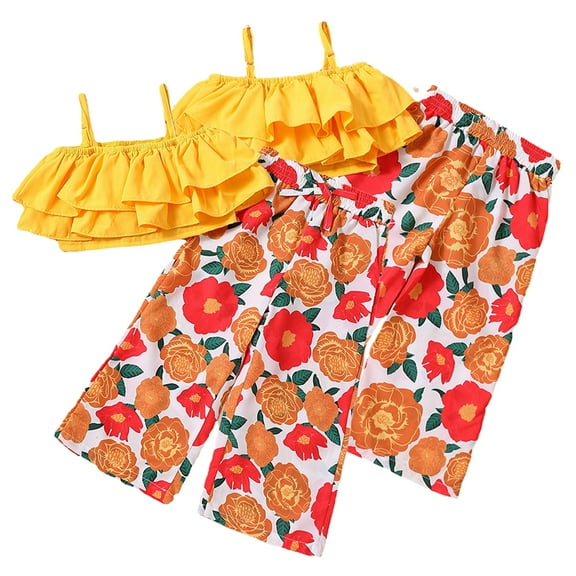 YTDSCS Kids Toddler Girls Halter Wide Leg Pants Set 2PCS Outfit Sleeveless Ruffle Shirt Tops Floral Flared Pants Summer Set for 3-8 Years Old