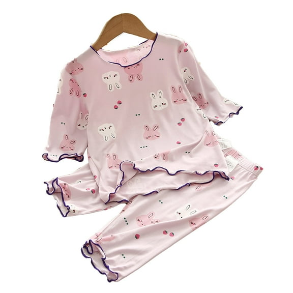 YTDSCS Kids Toddler Girls Ice Silk 2PCS Pajamas Sets 4/3 Sleeve Sleepwear Pjs Outfit Teen Summer Sweet Nightwear for Girls Ages 4-14