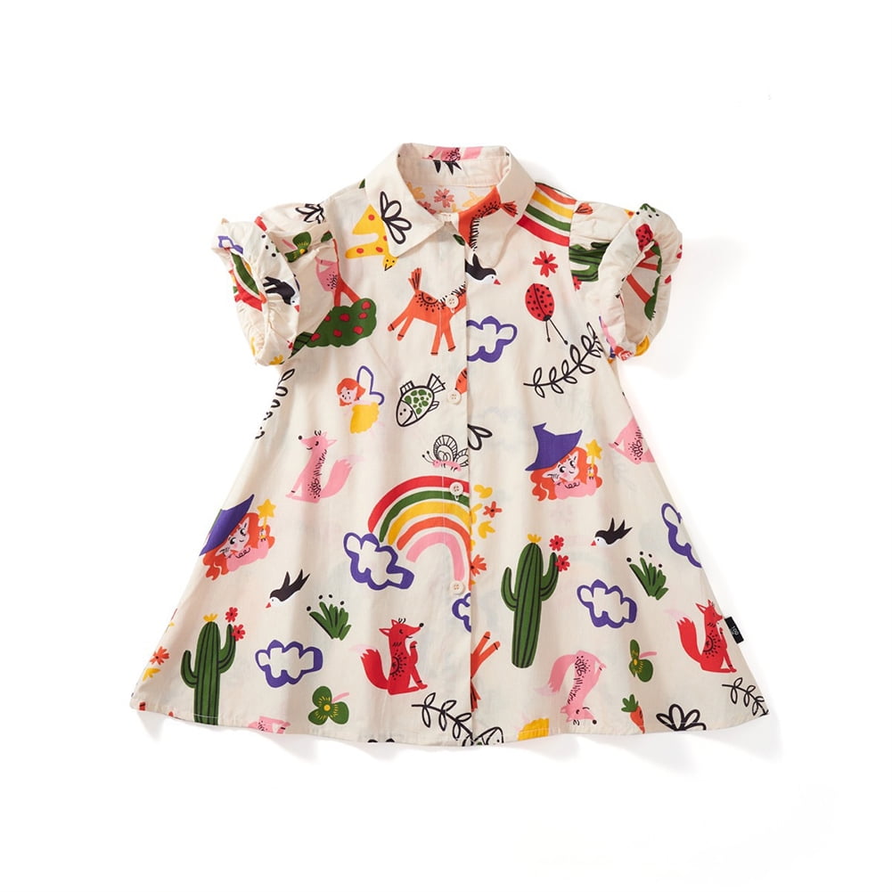 Summer Arrival Cartoon Teddy Bear and Dots Pattern Short Sleeves Dress for Stylish Girls