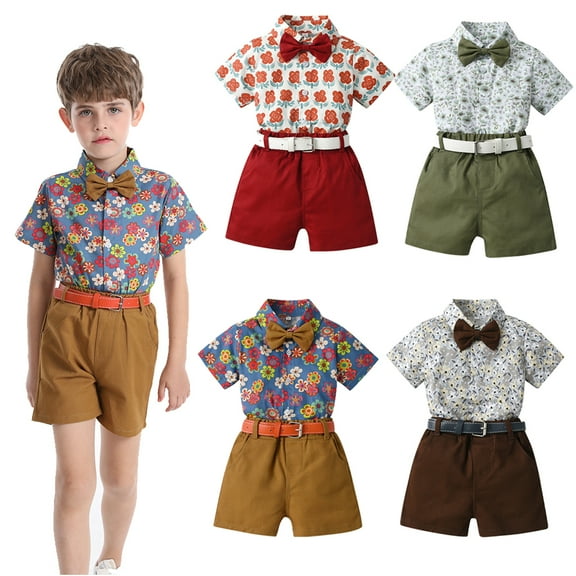 YTDSCS Little Boys Summer Formal Outfit Toddler Kids Boys Floral Print Cotton Shirt Set + Shorts+ Bowtie + Belt 4PCS Gentleman Set 9 Months-6 Years