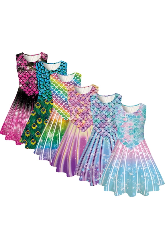 Little Girls Sleeveless Dress for Kids Fish Scale A-Line Princess Dresses Toddler Spring Summer Soft Sundress Tutu Party Gown for 4-13 Years