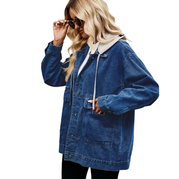 Qudderr Loose Women's Denim Jean Jacket Long Sleeved Cowboy Outwear Hooded Spring Fall Womens Coat S-XXL