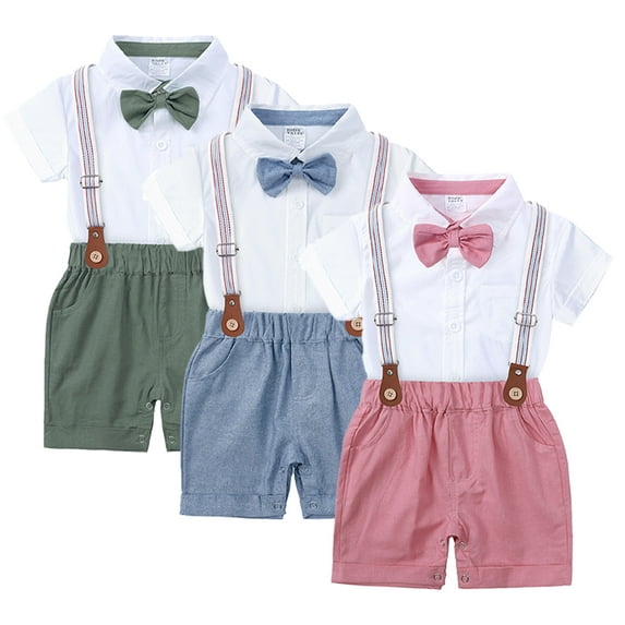 YTDSCS Newborn Baby Boy Formal Outfits Bow Tie Short Sleeve Jumpsuit Shirt + Strap Shorts Pants Summer Gentleman Clothing 2PCS Set for 0-3 Years