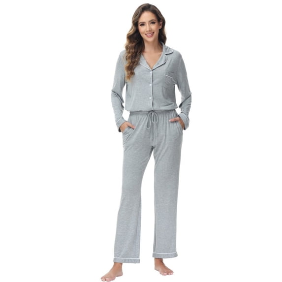 YTDSCS Pajamas Set for Womens 2 Piece Solid Color Pjs Loungewear Long Sleeve Sleepwear Soft Button down Jammies and Pants with Pockets Fall Winter Outfit S-XXL
