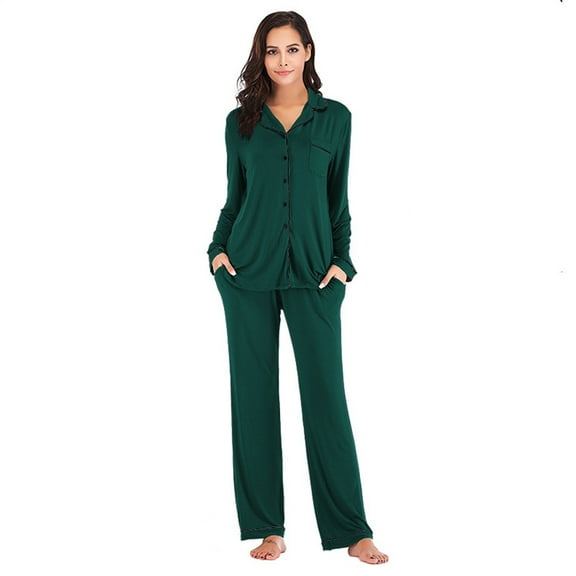 YTDSCS Pajamas Set for Womens 2 Piece Solid Color Pjs Loungewear Long Sleeve Sleepwear Soft Button down Jammies and Pants with Pockets Fall Winter Outfit S-XXL