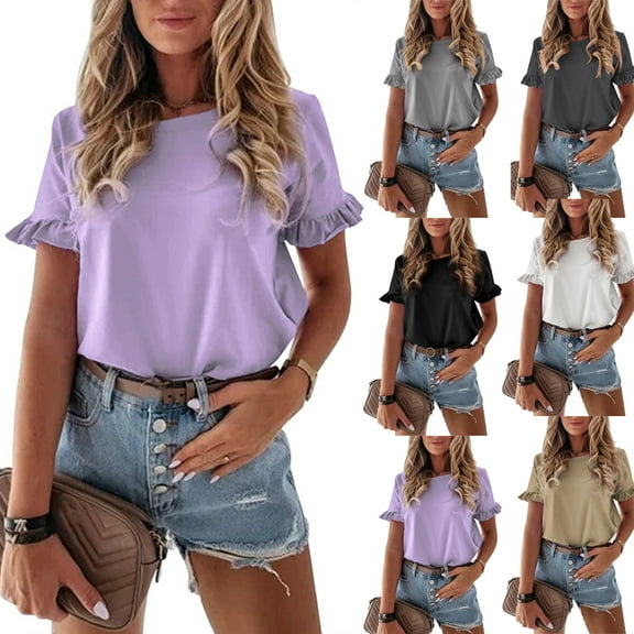 YTDSCS Spring and Summer Fashion Solid Colors T-Shirt S-2xl Delicate Crew Neck for Female Tees Versatile Pleated Patterned Cuffs T-Shirt