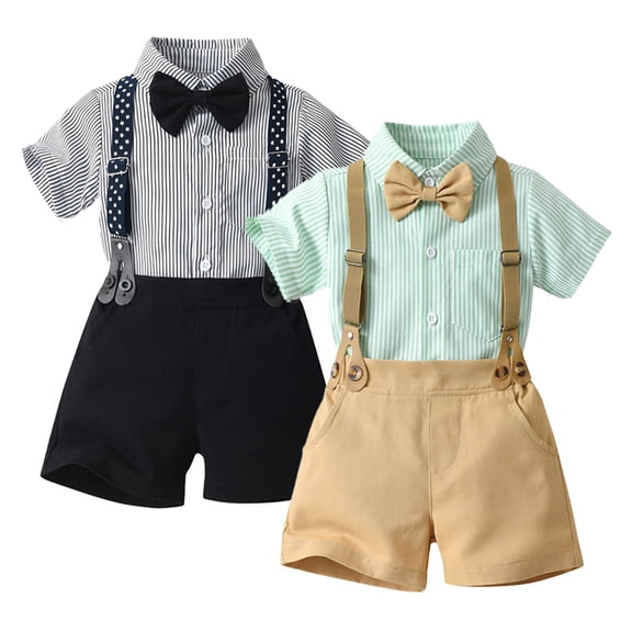 YTDSCS Toddler Baby Boys Clothes Outfit Striped Short Sleeve Dress Shirt with Bowtie Suspender Shorts Kids Campus 2PCS 3M-8T