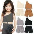 thumbnail image 1 of YTDSCS Toddler Baby Girls Summer Clothes 2PCS Sets 9 Months - 4 Years Solid Color One Shoulder Sleeveless Vest Tops Elastic Shorts Casual Outfits, 1 of 9