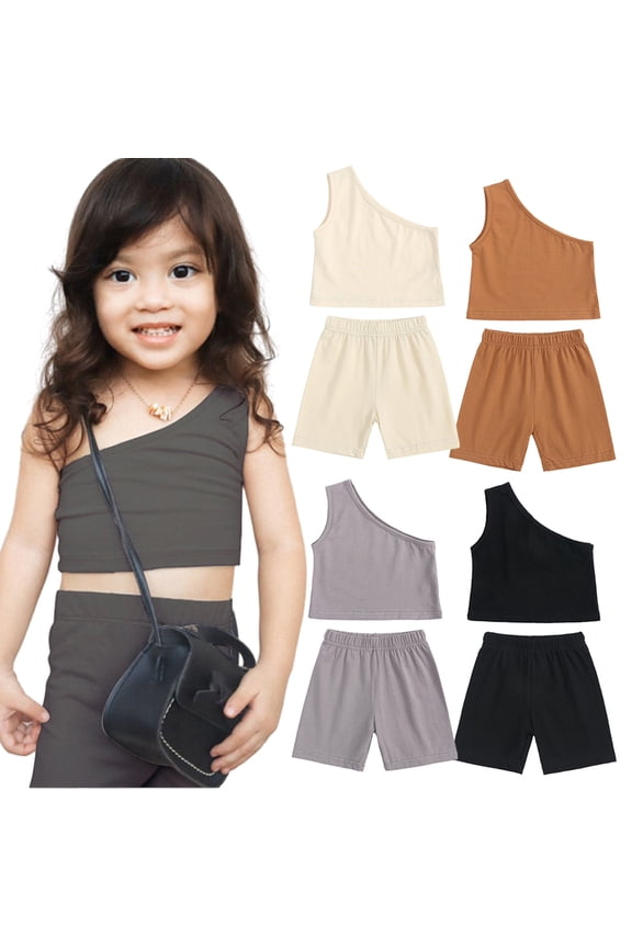Toddler Baby Girls Summer Clothes 2PCS Sets 9 Months - 4 Years Solid Color One Shoulder Sleeveless Vest Tops Elastic Shorts Casual Outfits