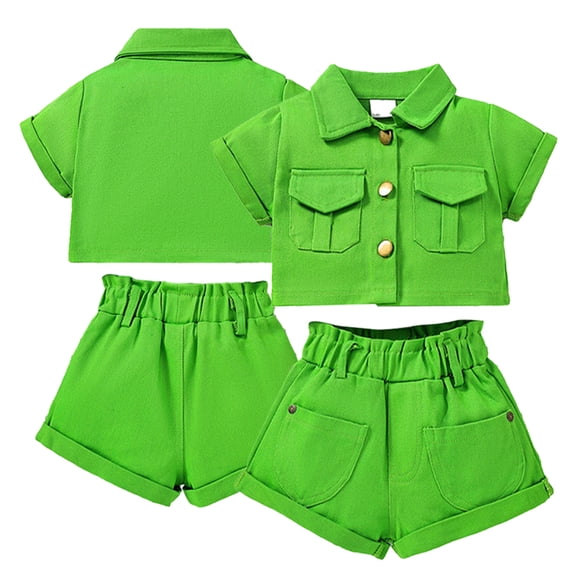 YTDSCS Toddler Kids Girls Casual Clothes 2PCS Outfits Summer Lapel Button Solid Cardigan Tops Short Pants Two-Piece Set for 3-7 Years
