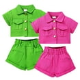 thumbnail image 1 of YTDSCS Toddler Kids Girls Casual Clothes 2PCS Outfits Summer Lapel Button Solid Cardigan Tops Short Pants Two-Piece Set for 3-7 Years, 1 of 9