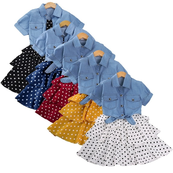 YTDSCS Toddler Kids Girls Summer Dresses 2PCS Outfits 4-12 Years Solid Colour Denim Jacket Polka Dot Sleeveless Dress Set for Girls