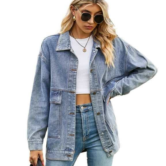YTDSCS Women's Jean Jacket Washed Button up Denim Jacket with Pockets Loose Spring Fall Casual Cowboy Outwear Coat for Womens S-XXL