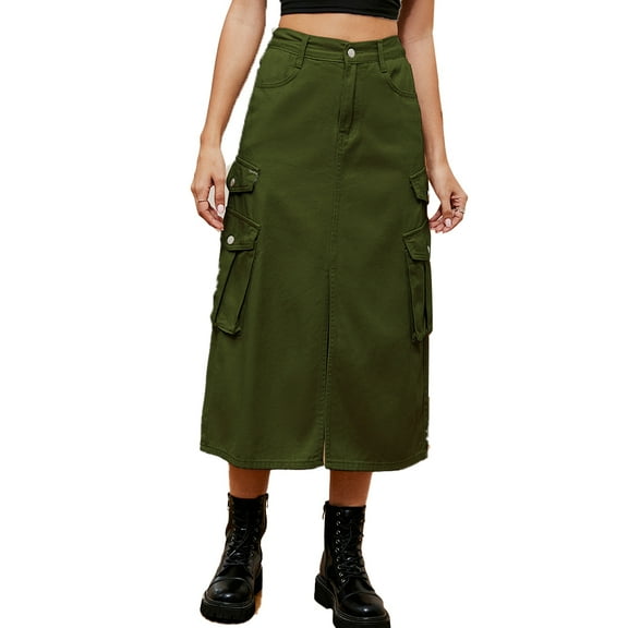 YTDSCS Womens Cargo Denim Maxi Skirt with Pockets Casual Mid-Length Skirt Summer Womens Washed Elasticized Waist Long Skirts S-2XL