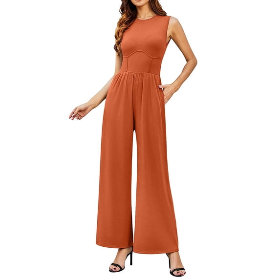 Qudderr Womens Crewneck Jumpsuits Summer Casual Rompers Sleeveless Slim Bodysuit Women's Elastic Waist Loose Onesies with Pockets S-2XL