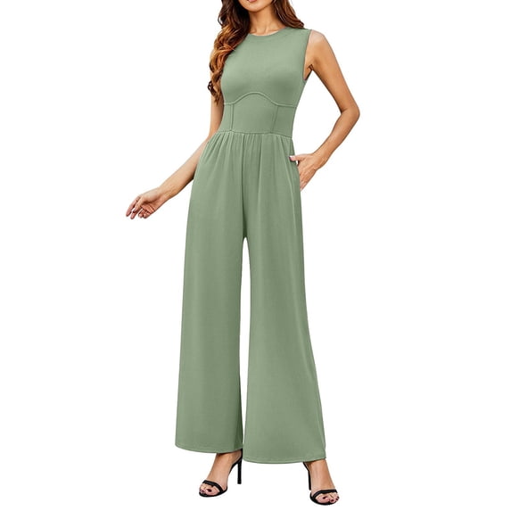 Qudderr Womens Crewneck Jumpsuits Summer Casual Rompers Sleeveless Slim Bodysuit Women's Elastic Waist Loose Onesies with Pockets S-2XL