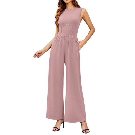 YTDSCS Womens Summer Jumpsuits Sleeveless Casual Wide Legs Rompers Slim Onesies Ladies Solid Color Bodysuit S-2XL