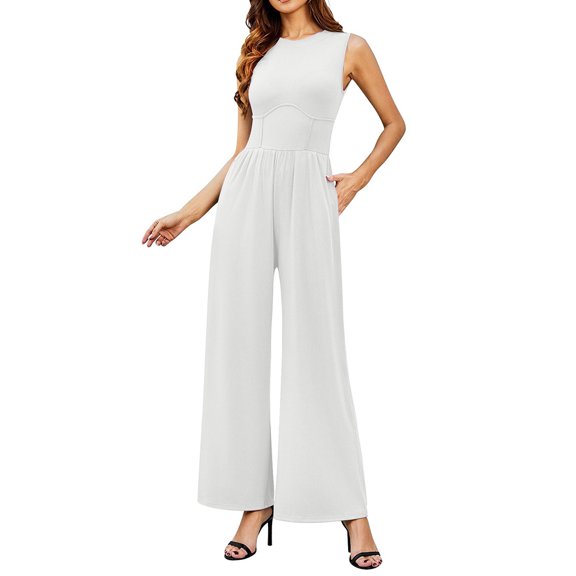 YTDSCS Womens Summer Jumpsuits Sleeveless Casual Wide Legs Rompers Slim Onesies Ladies Solid Color Bodysuit S-2XL