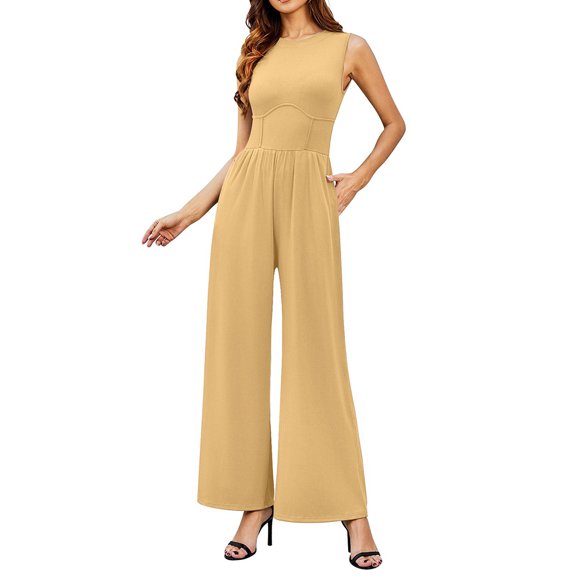 YTDSCS Womens Summer Jumpsuits Sleeveless Casual Wide Legs Rompers Slim Onesies Ladies Solid Color Bodysuit S-2XL