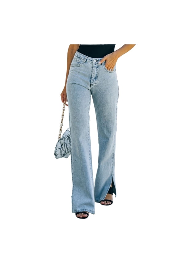 Womens Wide Leg Jeans Pants Washed Mid-Waist Denim Pants Spring Fall Solid Color Denim Trousers for Women's S-2XL