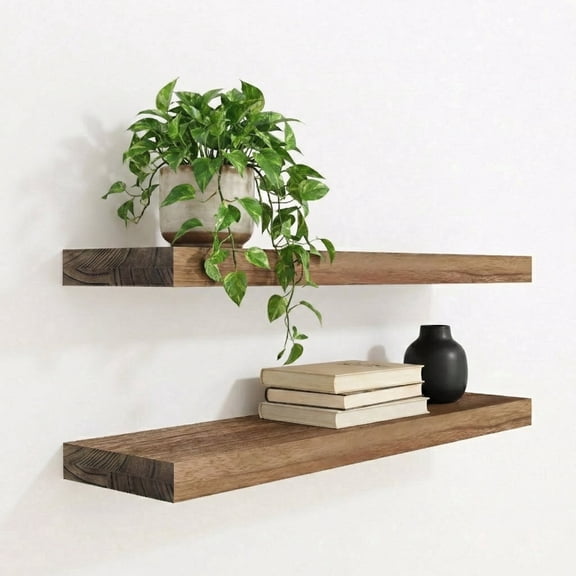 YTGLEN Farmhouse 6.6 in x 24 in Wood Floating Shelves (2 Count), Carbonized Black
