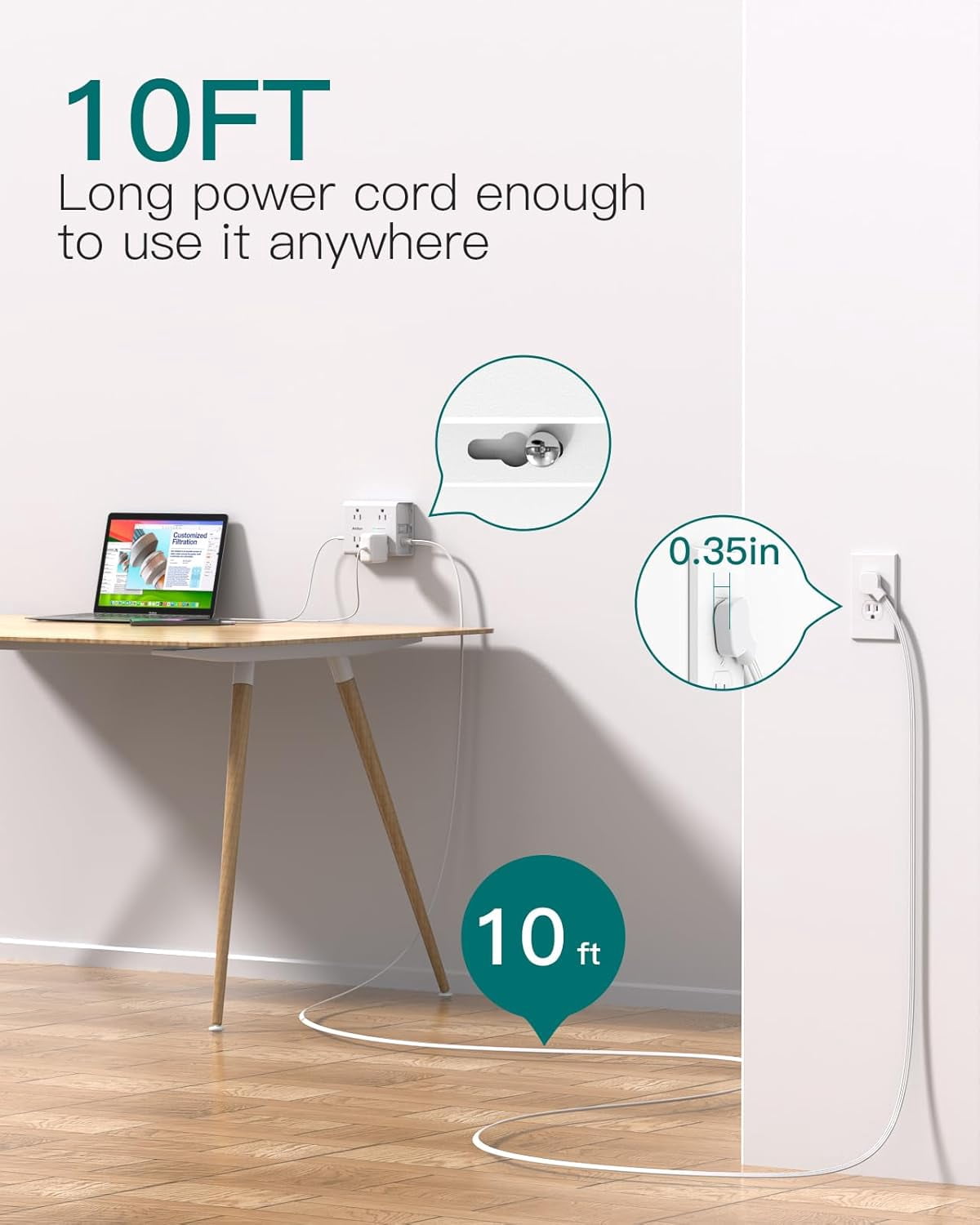 YTGRF-10FT Flat Plug Extension Cord with Multiple Outlets, Surge ...